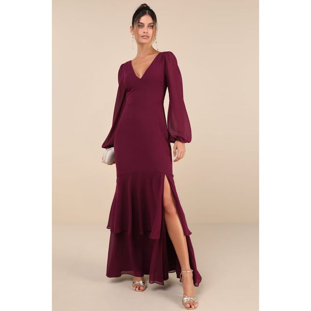 Lulus Tier Elegance Plum Purple Long Sleeve Tiered Maxi Dress Size Medium